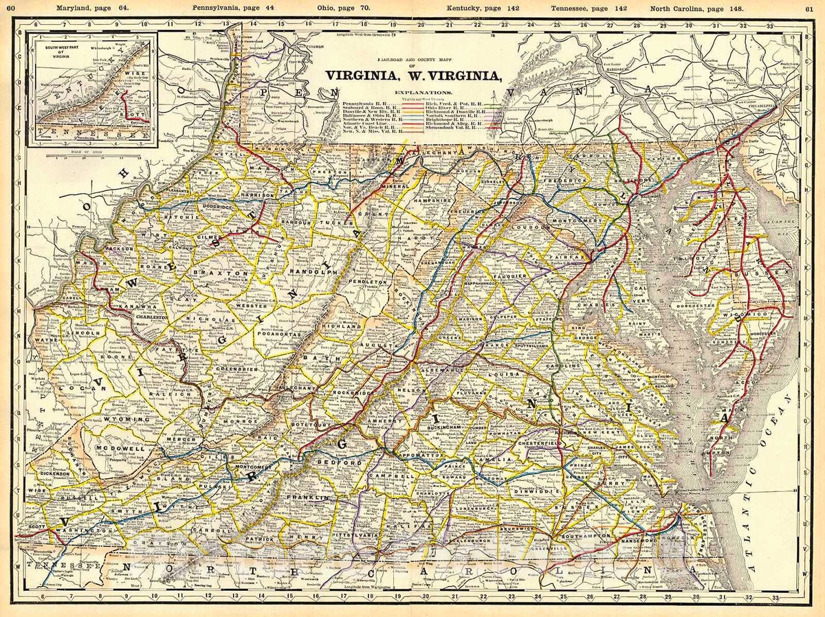 Historic Map : 1887 Railroad and County Map of Virginia and West Virginia : Vintage Wall Art