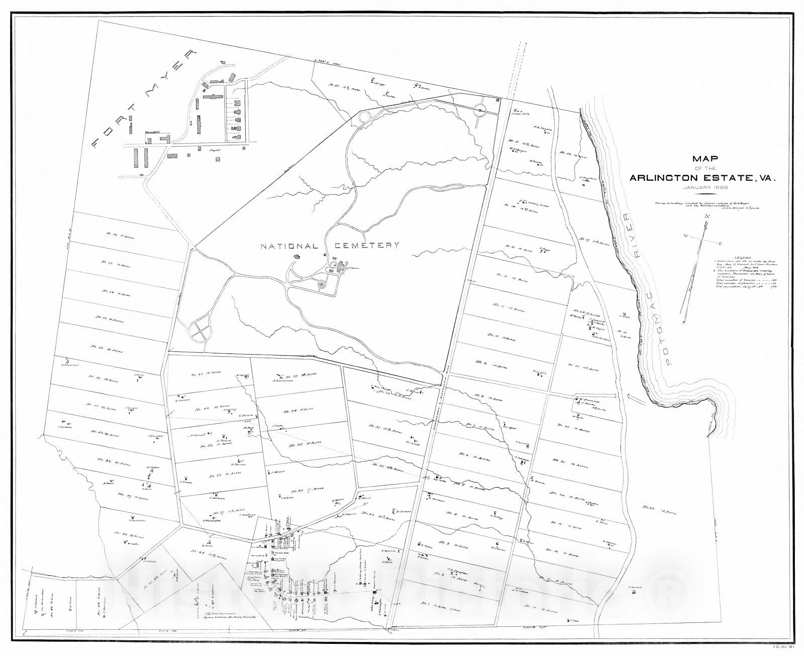 Historic Map : 1888 Map of the Arlington Estates, VA. January 1888 Showing all building occupied by citizens outside of Fort Meyer and the National Cemetery : Vintage Wall Art