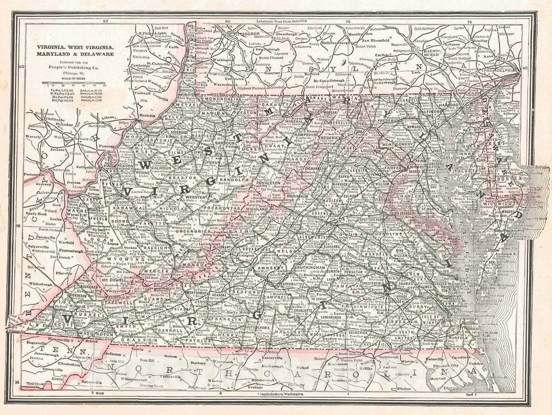 Historic Map : 1888 Virginia, West Virginia, Maryland, & Delaware : Vintage Wall Art