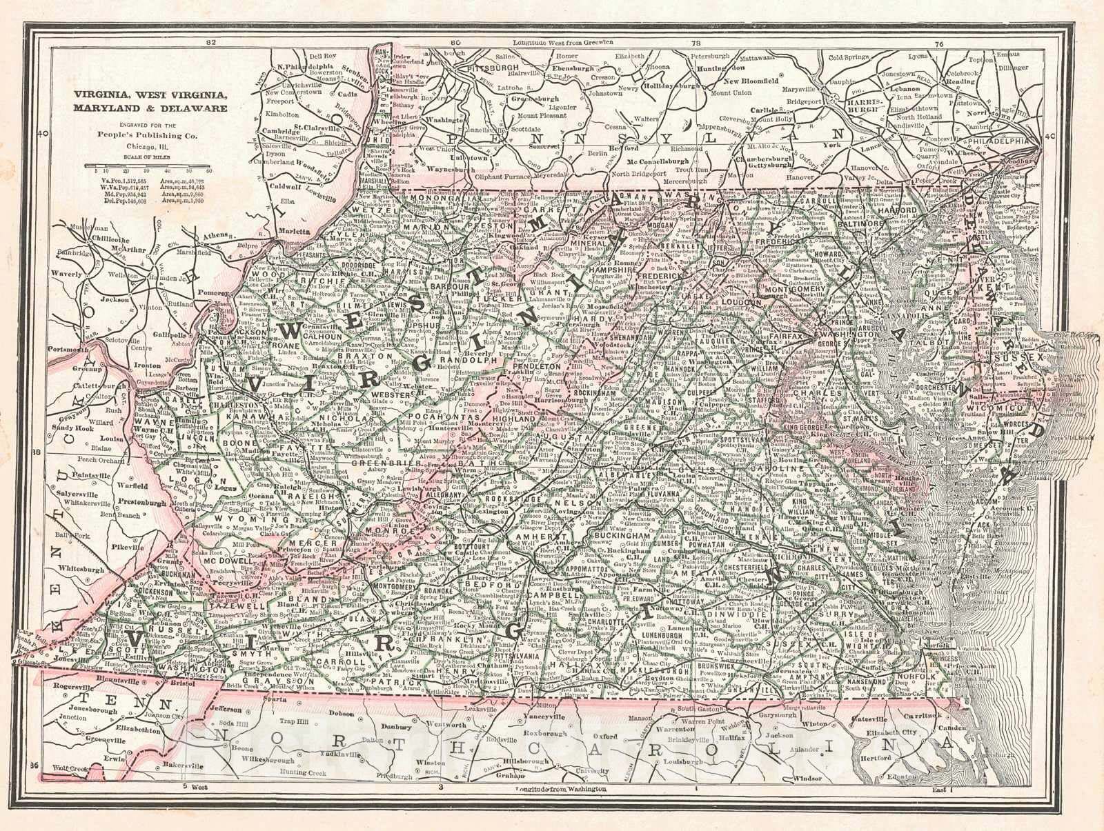 Historic Map : 1888 Virginia, West Virginia, Maryland, & Delaware : Vintage Wall Art
