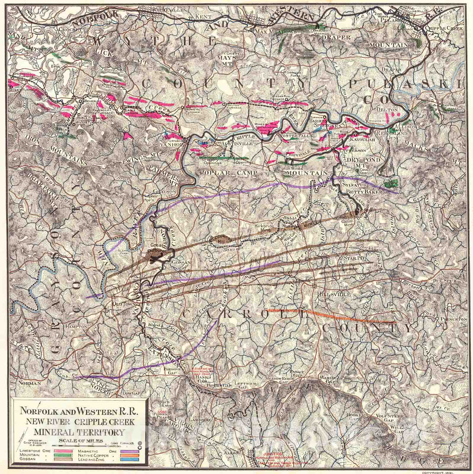 Historic Map : 1891 Norfolk and Western R.R. New River Cripple Creek Mineral Territory : Vintage Wall Art