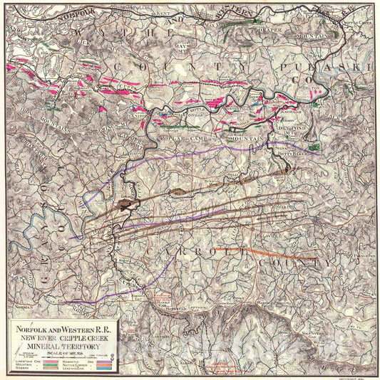 Historic Map : 1891 Norfolk and Western R.R. New River Cripple Creek Mineral Territory : Vintage Wall Art