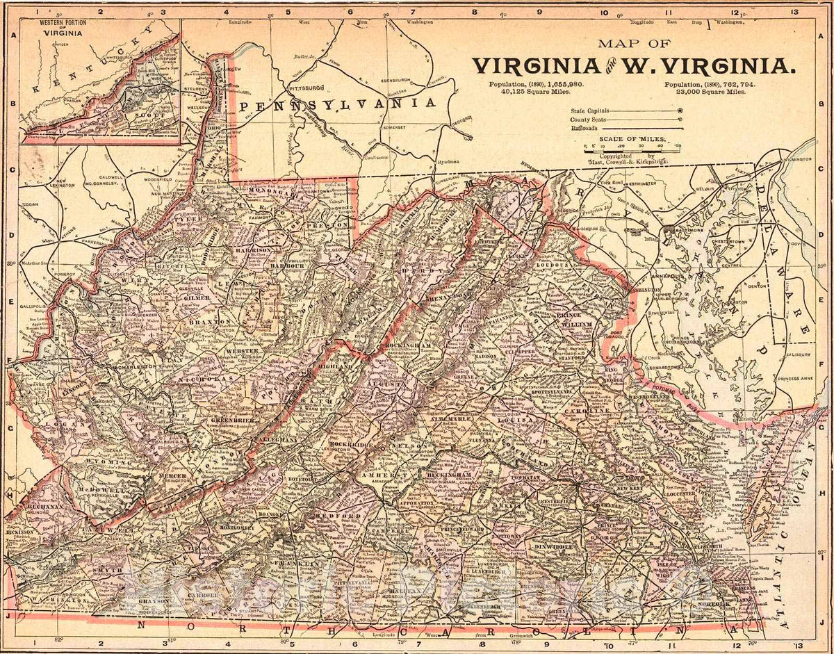 Historic Map : 1892 Virginia and West Virginia : Vintage Wall Art