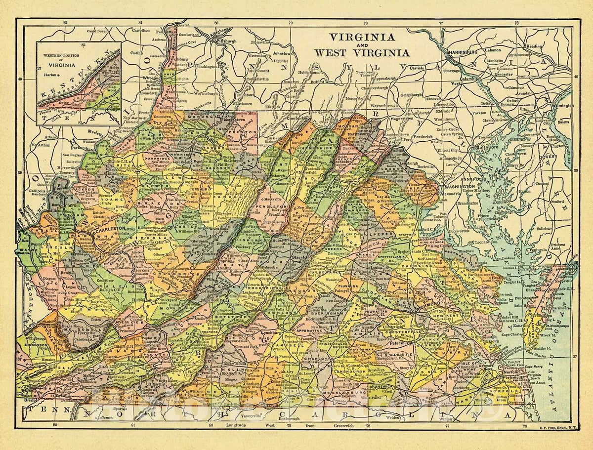 Historic Map : 1896 Virginia and West Virginia : Vintage Wall Art