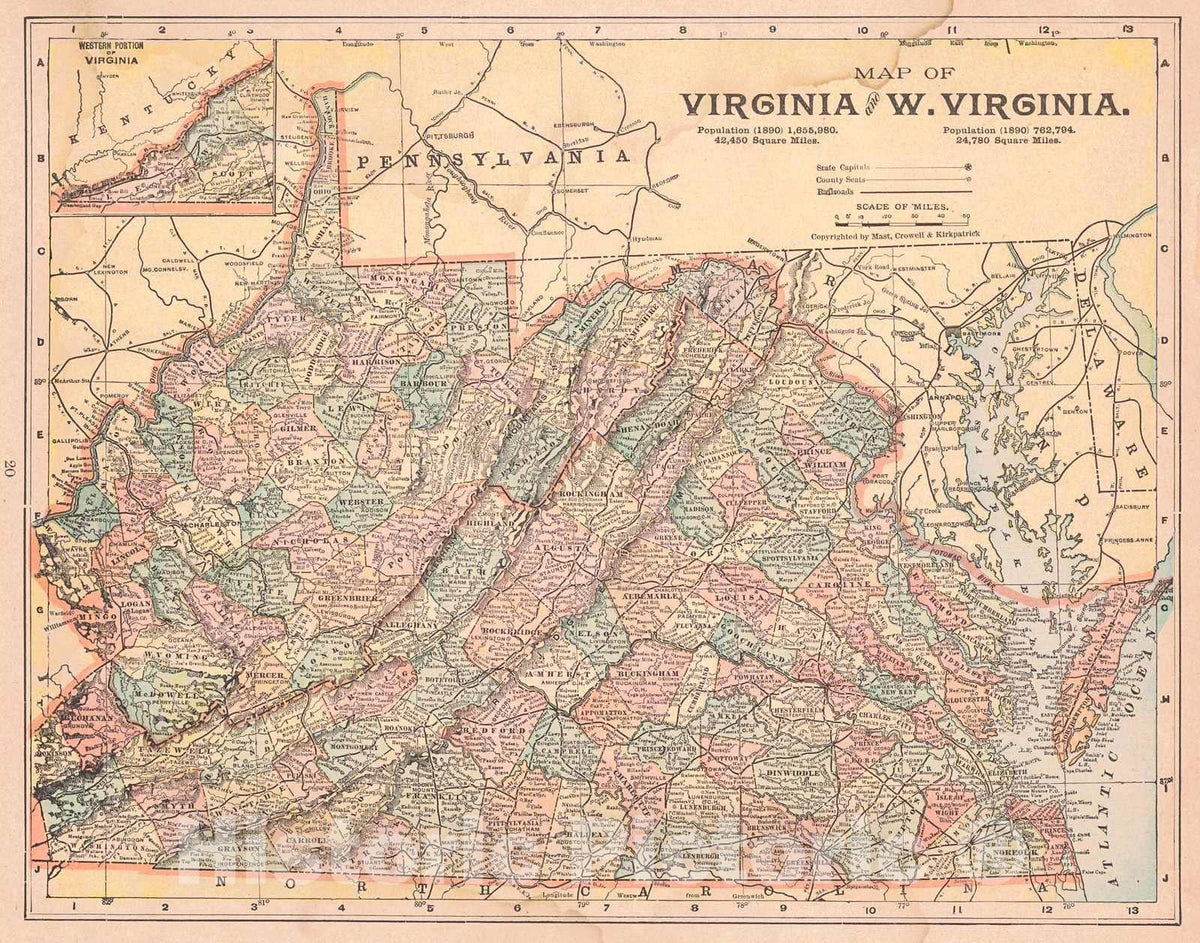 Historic Map : 1898 Map of Virginia and W. Virginia : Vintage Wall Art