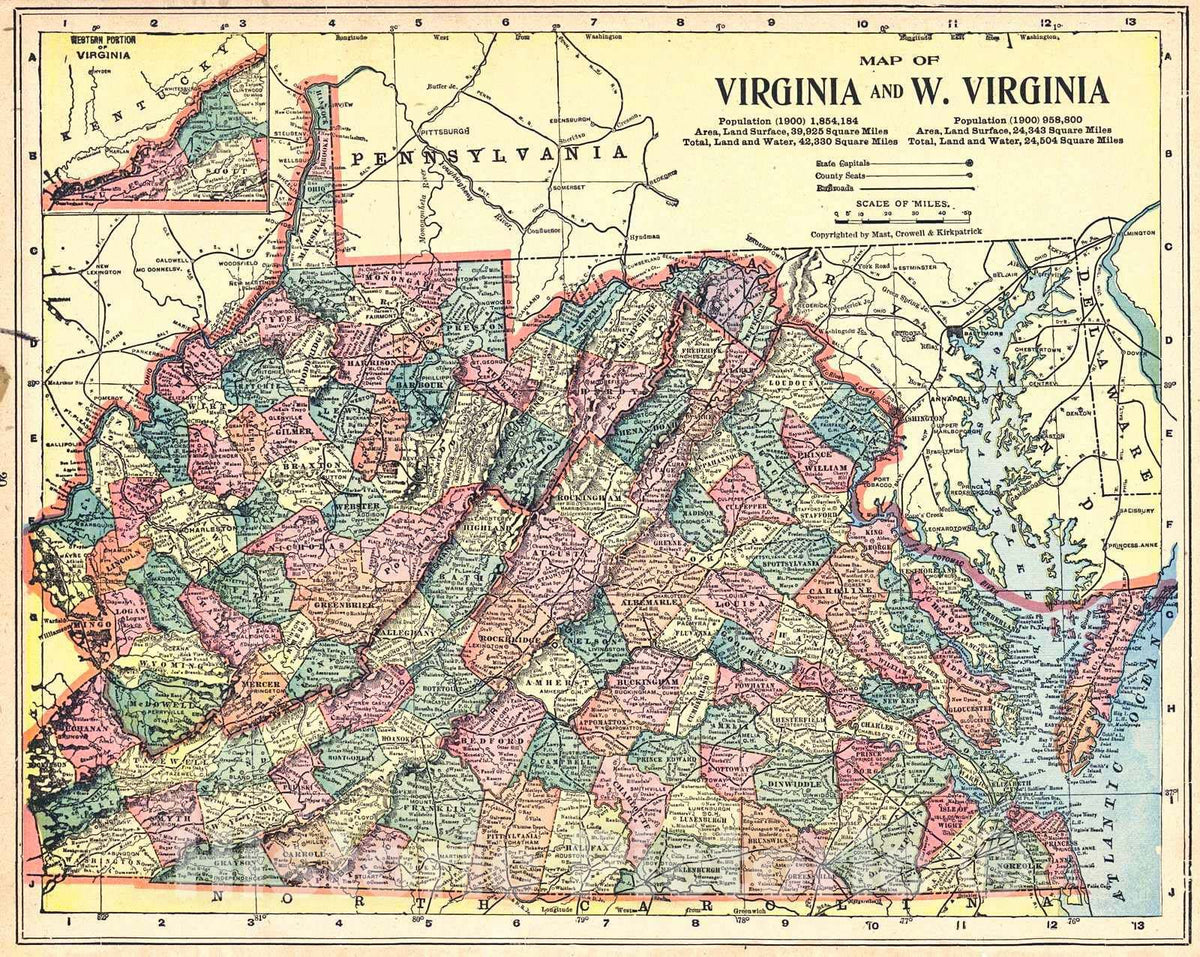 Historic Map : 1902 Map of Virginia and West Virginia : Vintage Wall Art