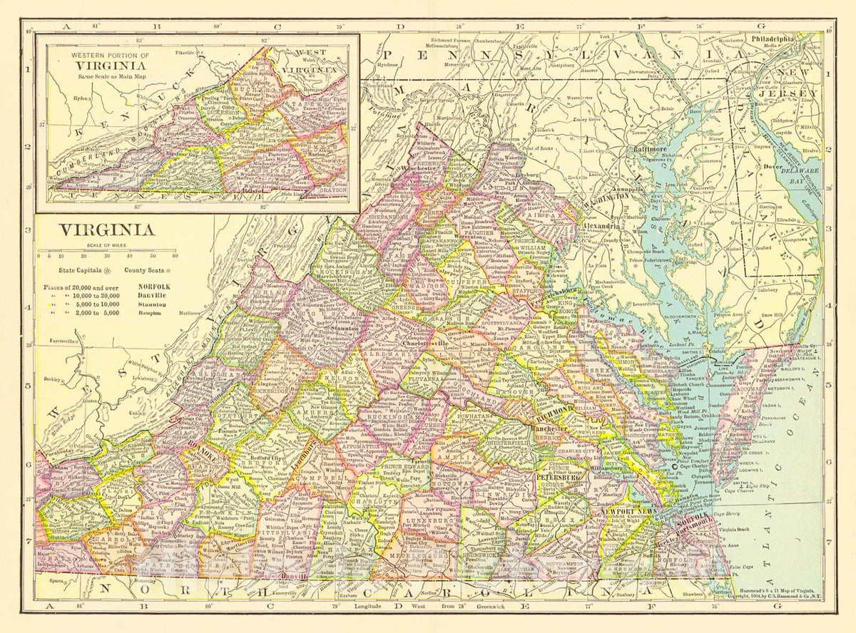 Historic Map : 1904 Hammond's Map of Virginia : Vintage Wall Art