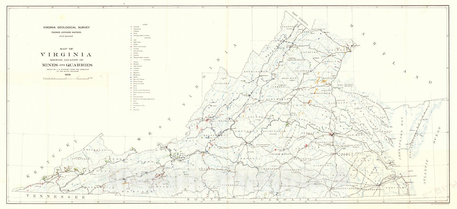 Historic Map : 1909 Map of Virginia Showing Locations of Mines and Quarries : Vintage Wall Art