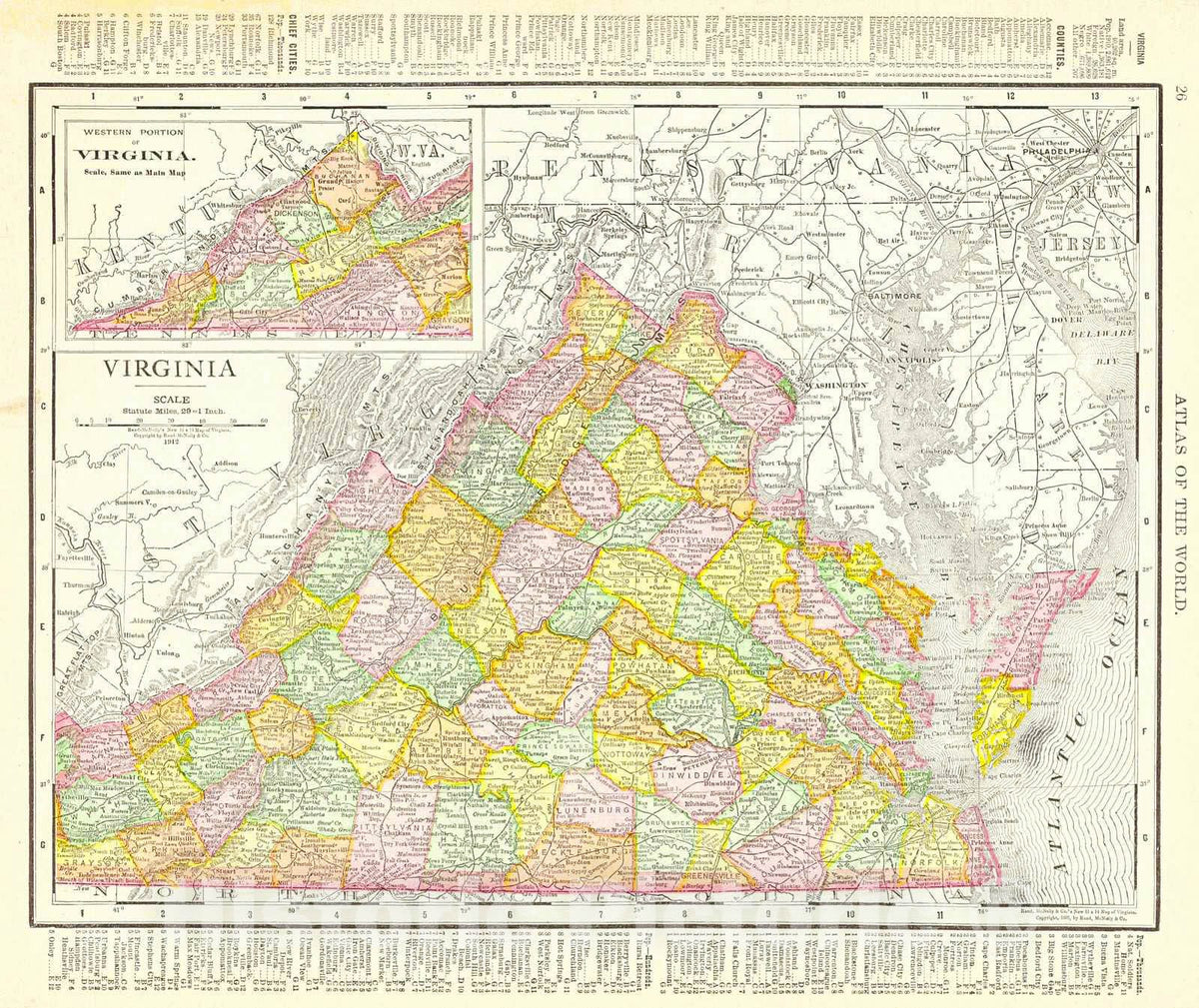 Historic Map : 1912 Rand McNally's New Map of Virginia : Vintage Wall Art