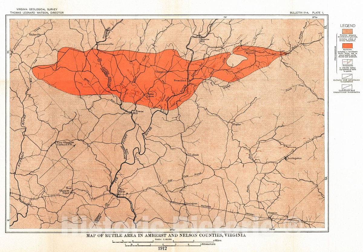 Historic Map : 1912 Map of Rutile Area in Amherst and Nelson Counties, Virginia : Vintage Wall Art