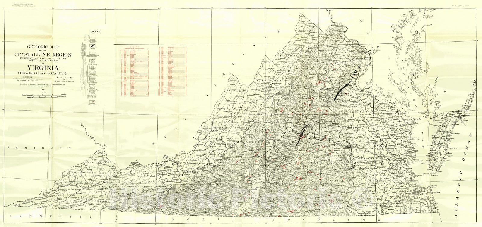 Historic Map : 1917 Geologic Map of the Crystalline Region of Virginia showing Clay Localities : Vintage Wall Art