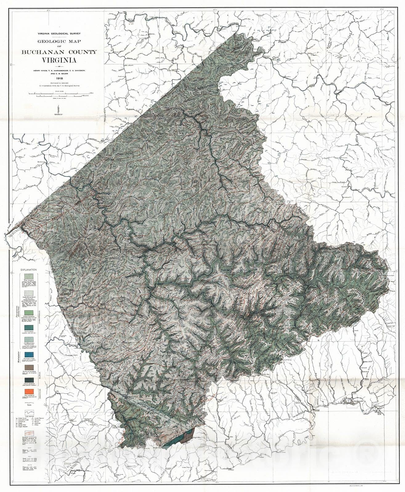 Historic Map : 1918 Geologic Map of Buchanan County, Virginia  : Vintage Wall Art