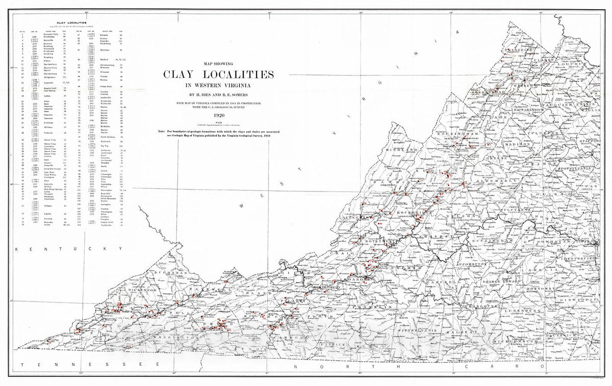 Historic Map : 1920 Map Showing Clay Localities in Western Virginia : Vintage Wall Art