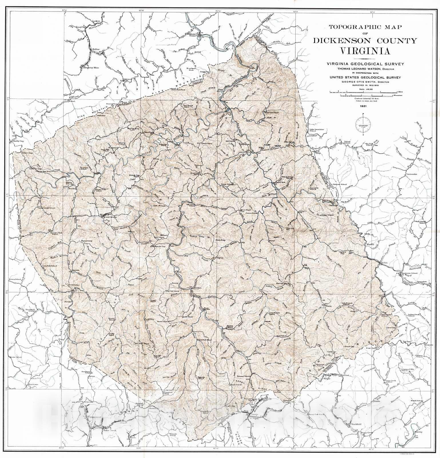 Historic Map : 1921 Topographic Map of Dickenson County, Virginia  : Vintage Wall Art