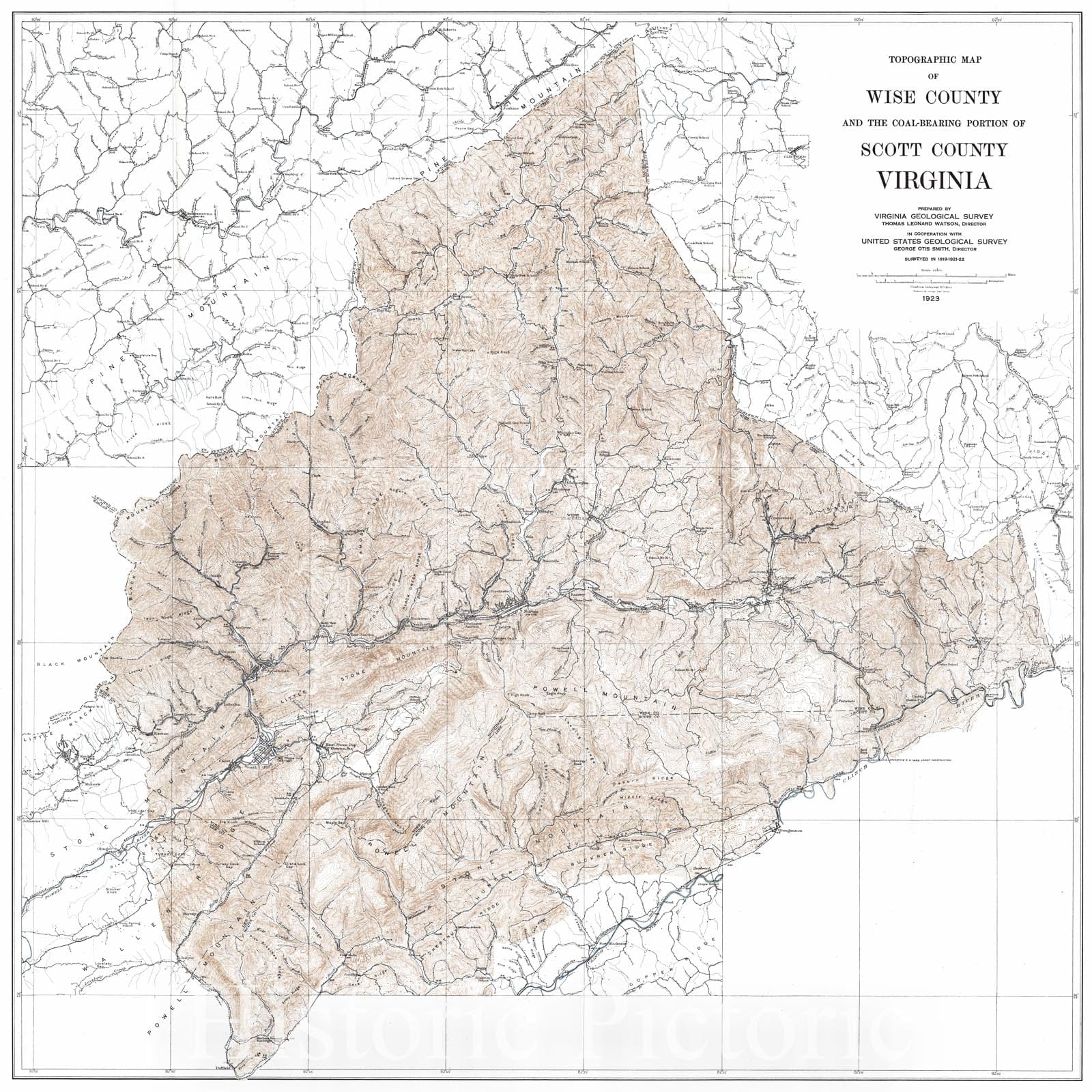 Historic Map : 1923 Topographic Map of Wise County and the Coal-Bearing Portion of Scott County, Virginia : Vintage Wall Art