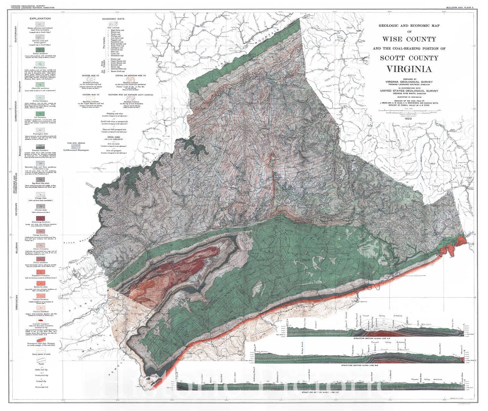 Historic Map : 1923 Geologic and Economic Map of Wise County and the Coal-Bearing Portion of Scott County, Virginia : Vintage Wall Art