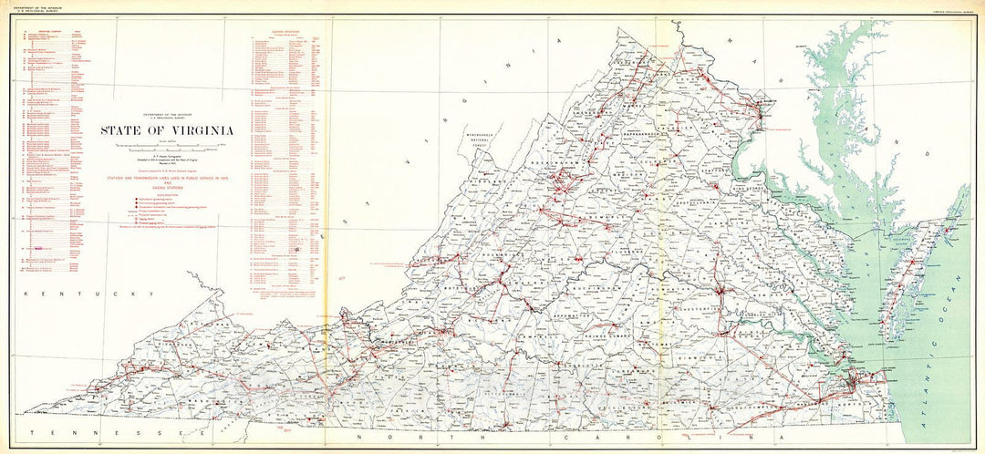 Historic Map : 1925 State of Virginia [overprinted with Stations and Transmission Lines Used in Public Service in 1925 and Gaging Stations] : Vintage Wall Art