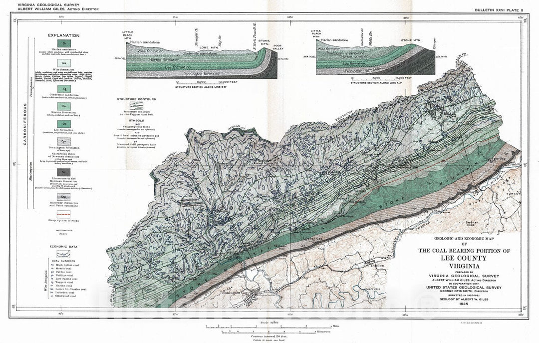 Historic Map : 1925 Geologic and Economic Map of the Coal Bearing Portion of Lee County, Virginia : Vintage Wall Art