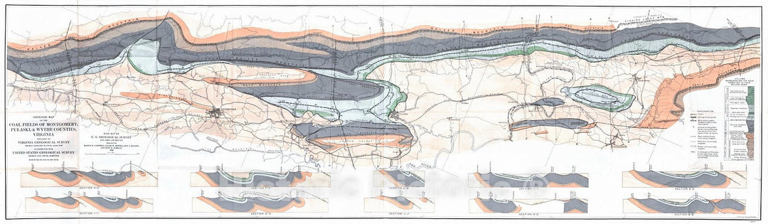 Historic Map : 1925 Geologic Map of the Coal Fields of Montgomery, Pulaski, and Wythe Counties, Virginia : Vintage Wall Art