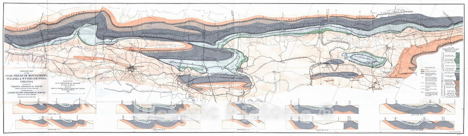 Historic Map : 1925 Geologic Map of the Coal Fields of Montgomery, Pulaski, and Wythe Counties, Virginia : Vintage Wall Art