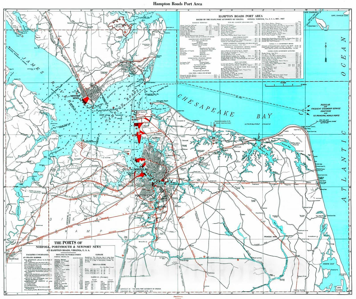 Historic Map : 1927 Hampton Roads Port Area : Vintage Wall Art