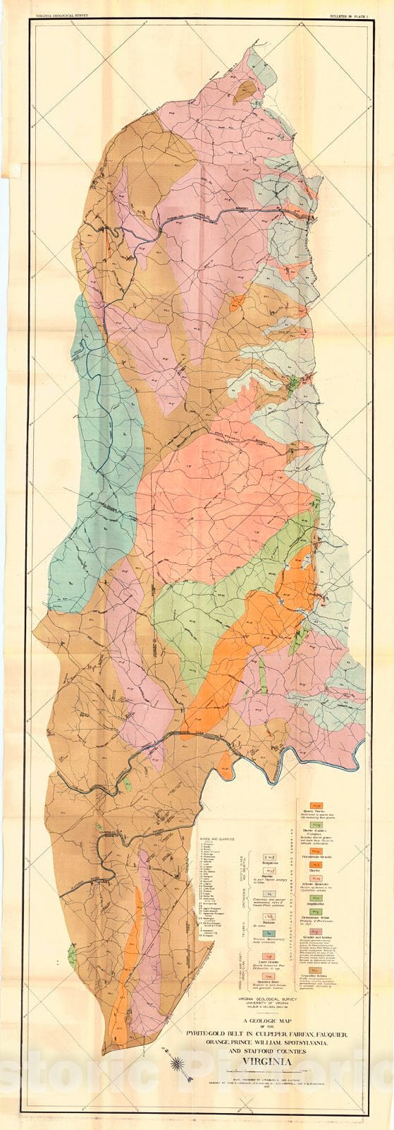 Historic Map : 1927 A Geologic Map of the Pyrite-Gold Belt in Culpeper, Fairfax, Fauquier, Orange, Prince William, Spotsylvania and Stafford Counties, Virginia : Vintage Wall Art