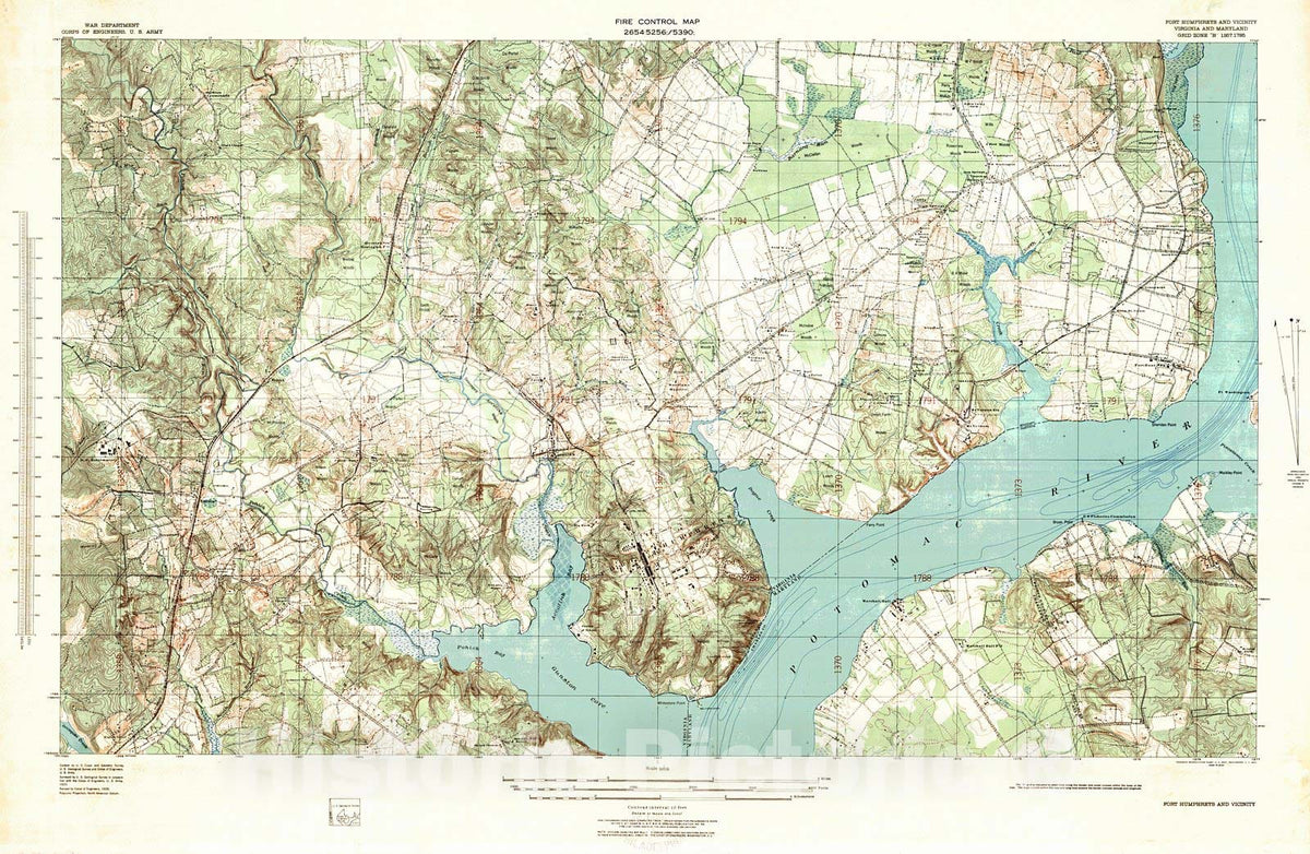 Historic Map : 1928 Fire Control Map, Fort Humphreys and Vicinity, Virginia and Maryland : Vintage Wall Art