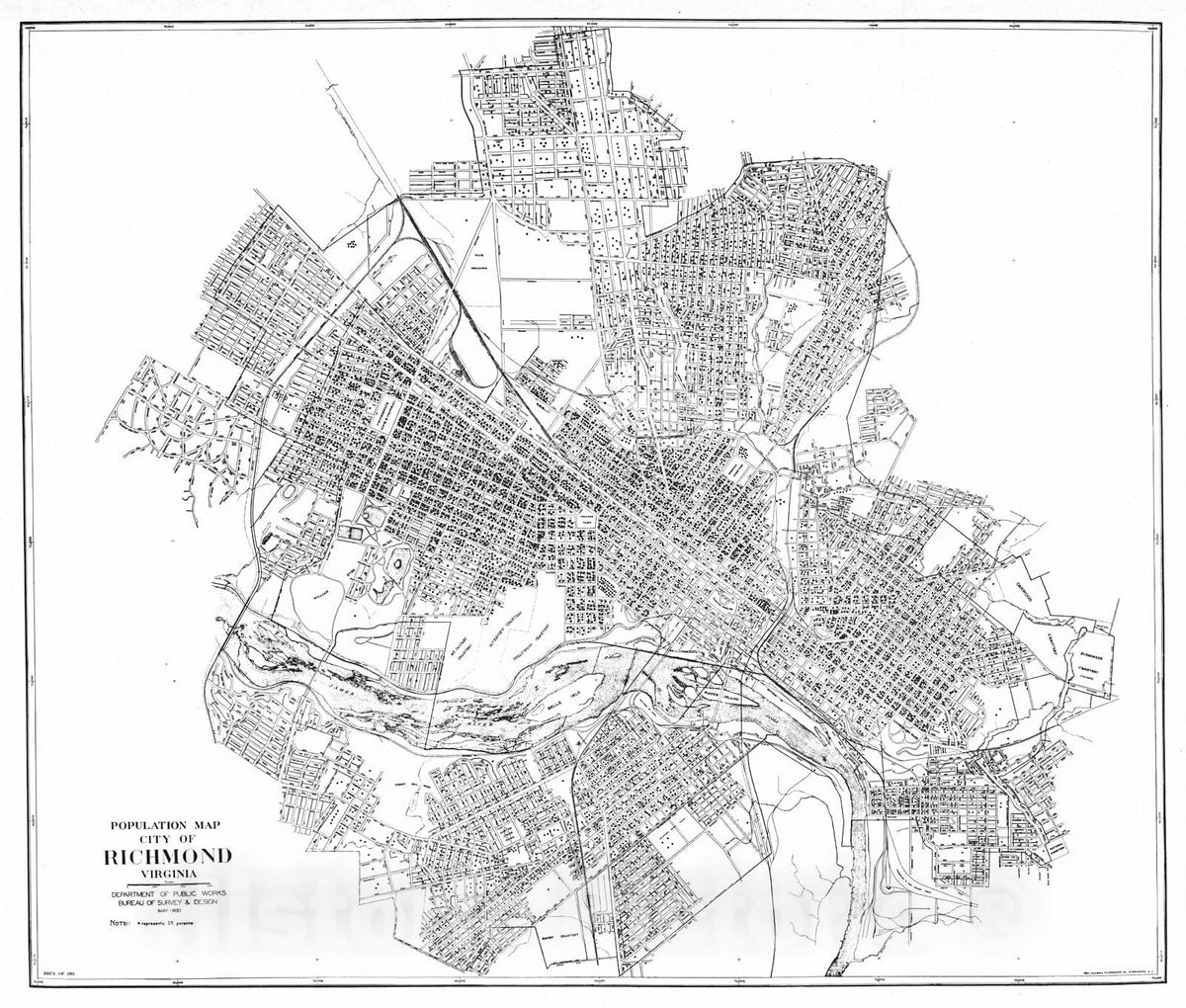 Historic Map : 1930 Population Map, City of Richmond, Virginia. May 1930 : Vintage Wall Art