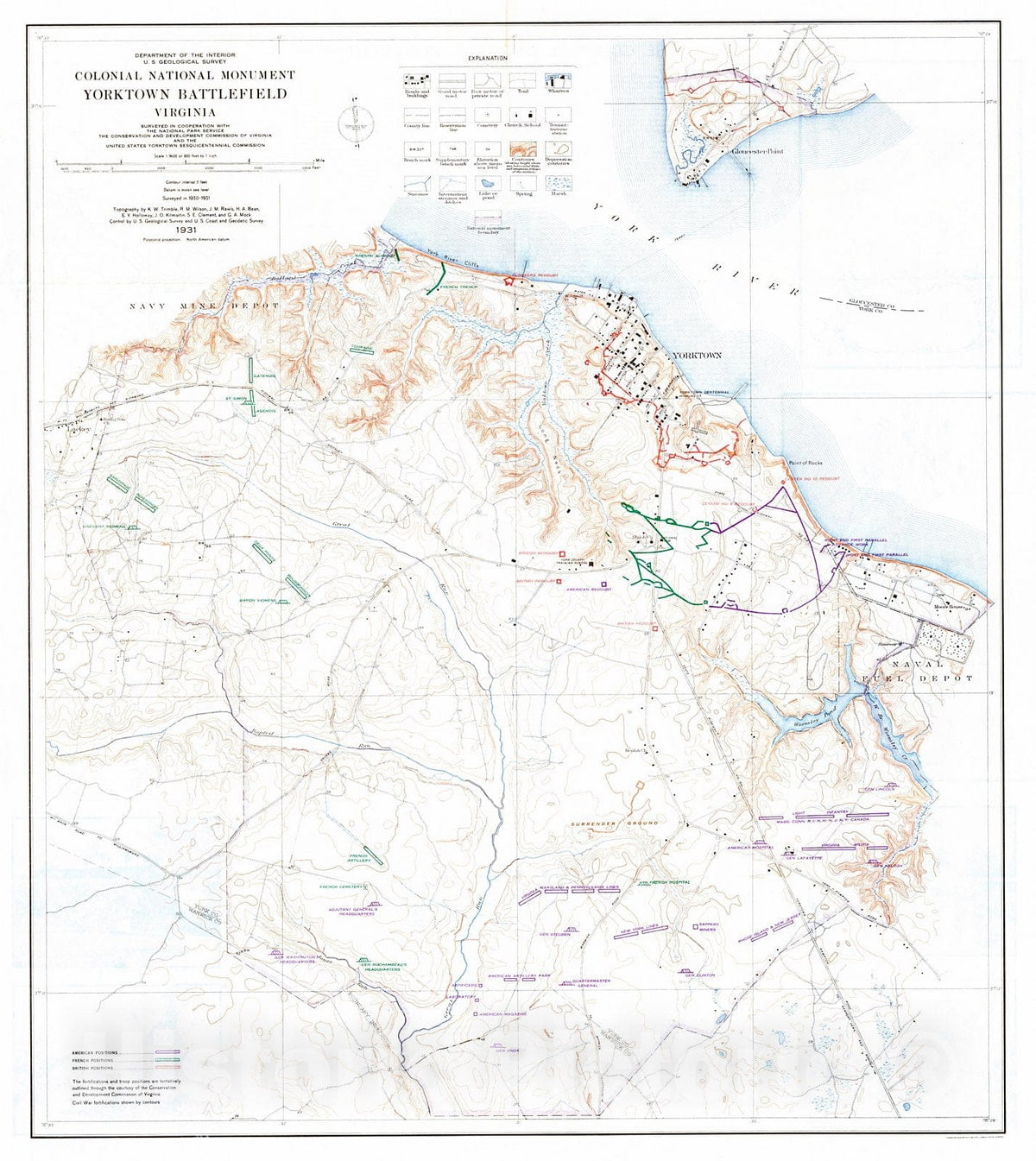 Historic Map : 1931 Colonial National Monument, Yorktown Battlefield, Virginia : Vintage Wall Art