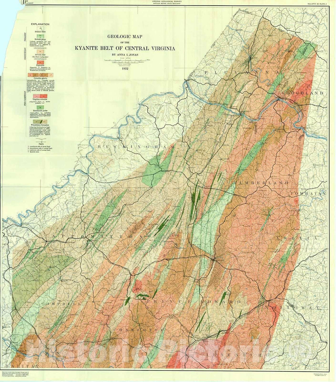 Historic Map : 1932 Geologic Map of the Kyanite Belt of Central Virginia : Vintage Wall Art