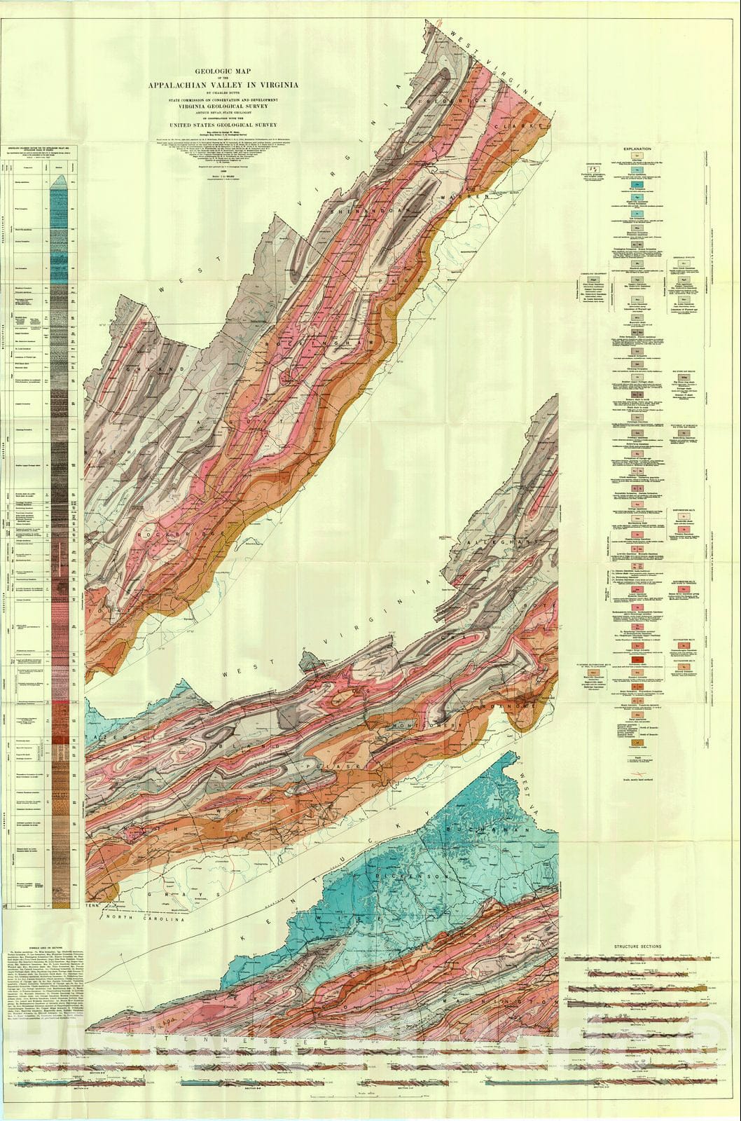 Historic Map : 1933 Geologic Map of the Appalachian Valley in Virginia : Vintage Wall Art