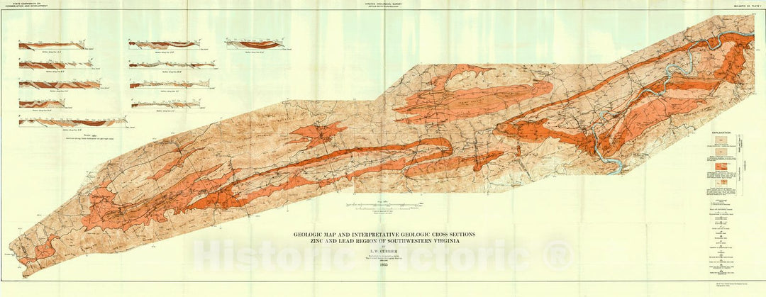 Historic Map : 1935 Geologic Map and Interpretative Geologic Cross Sections, Zinc and Lead Region of Southwestern Virginia : Vintage Wall Art