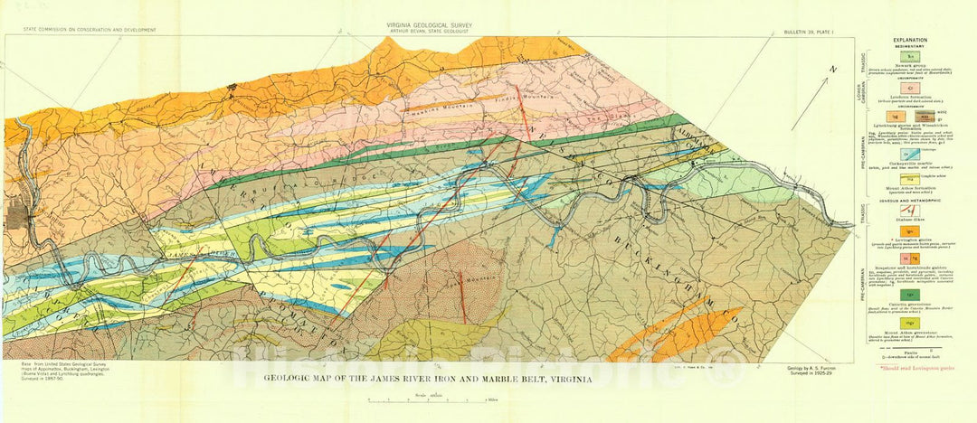 Historic Map : 1935 Geologic Map of the James River Iron and Marble Belt, Virginia : Vintage Wall Art