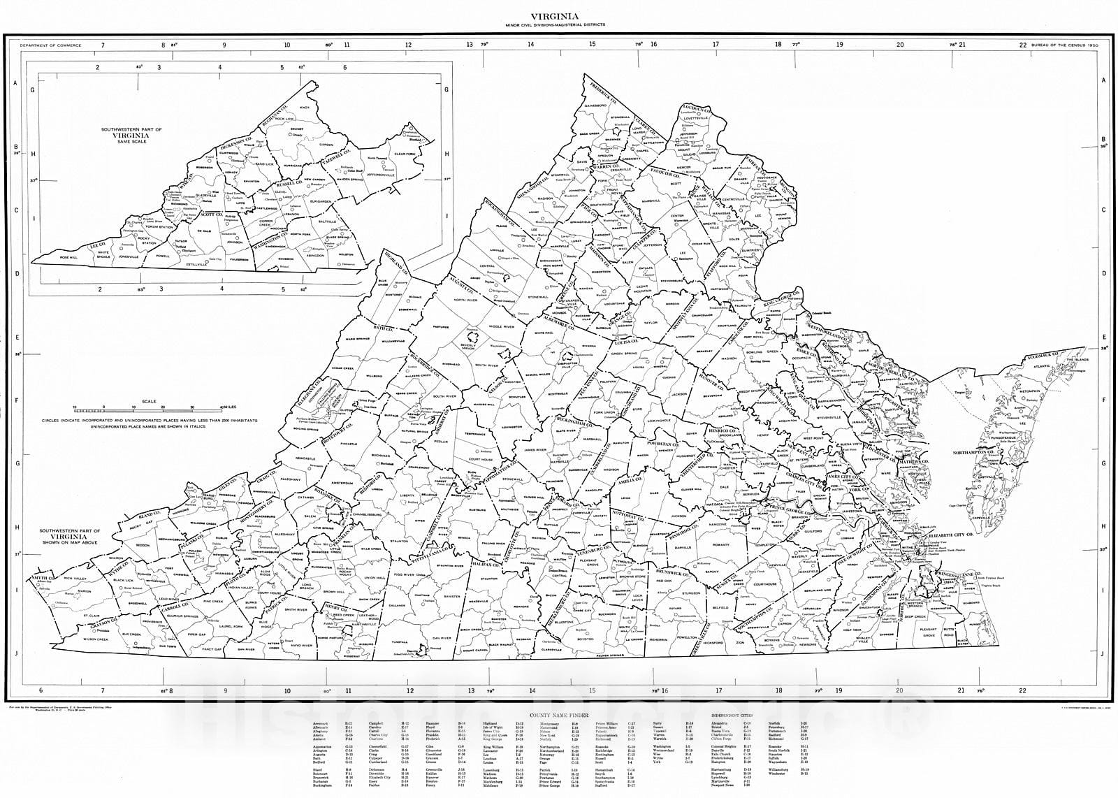 Historic Map : 1950 Virginia Minor Civil Subdivisions - Magisterial Districts (for 1950 census) : Vintage Wall Art
