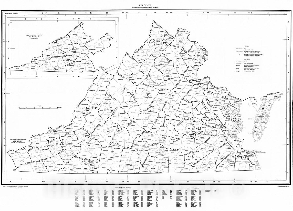 Historic Map : 1960 Virginia Minor Civil Subdivisions - Magisterial Districts (for 1960 census) : Vintage Wall Art