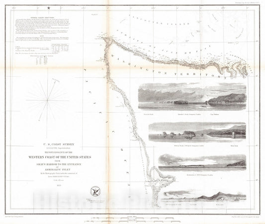 Historic Map : 1853 Reconnaissance of the Western Coast of the United States from Gray's Harbor to the Entrance of Admiralty Inlet  : Vintage Wall Art