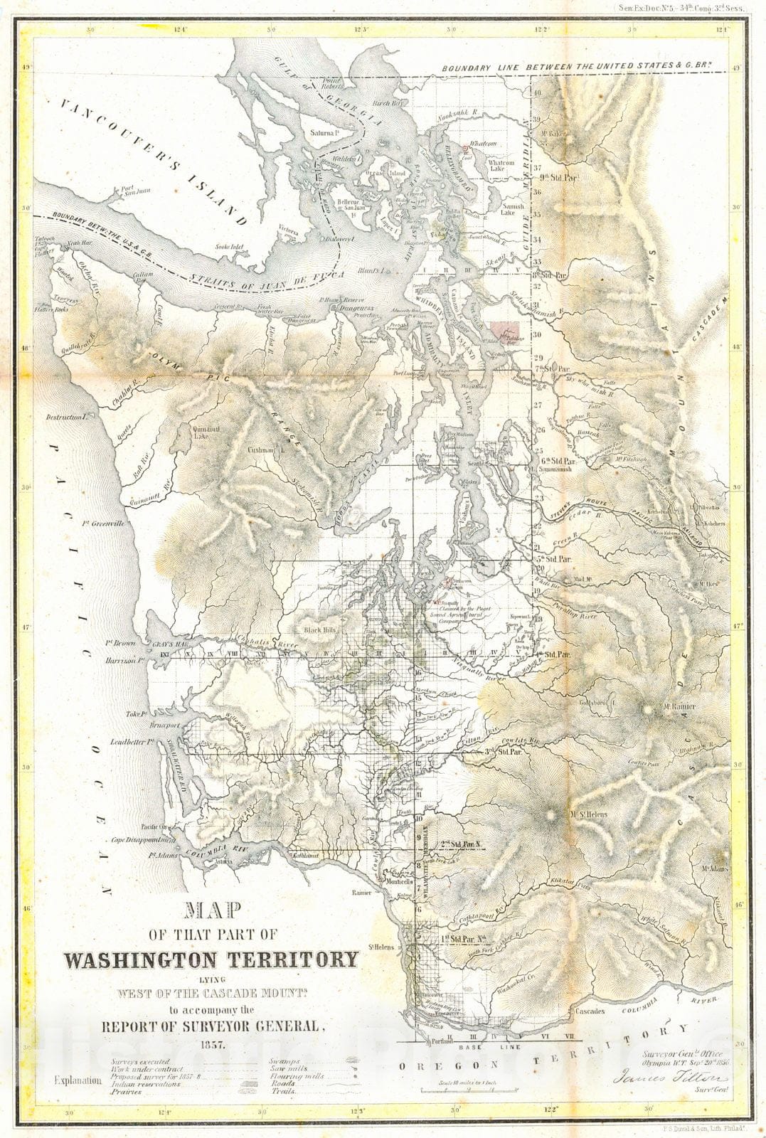Historic Map : 1857 Map of that Part of Washington Territory Lying West of the Cascade Mounts. to Accompany the Report of the Surveyor General, 1857 : Vintage Wall Art