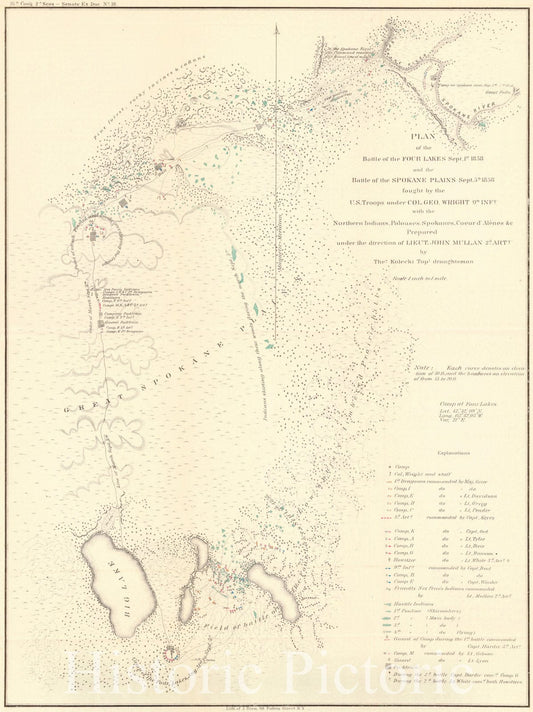 Historic Map : 1858 Plan of the Battle of the Four Lakes Sept., 1st 1858 and the Battle of the Spokane Plains Sept., 5th 1858 : Vintage Wall Art