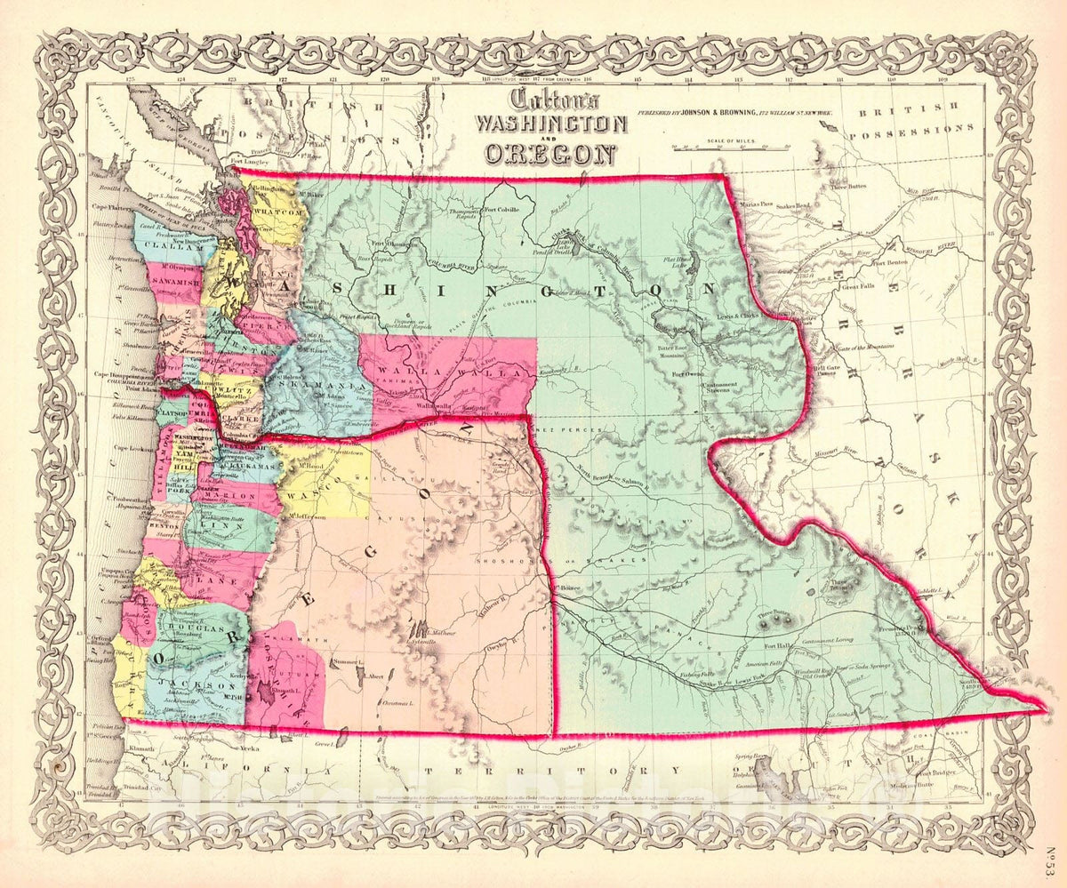 Historic Map : 1859 Colton's Washington and Oregon : Vintage Wall Art