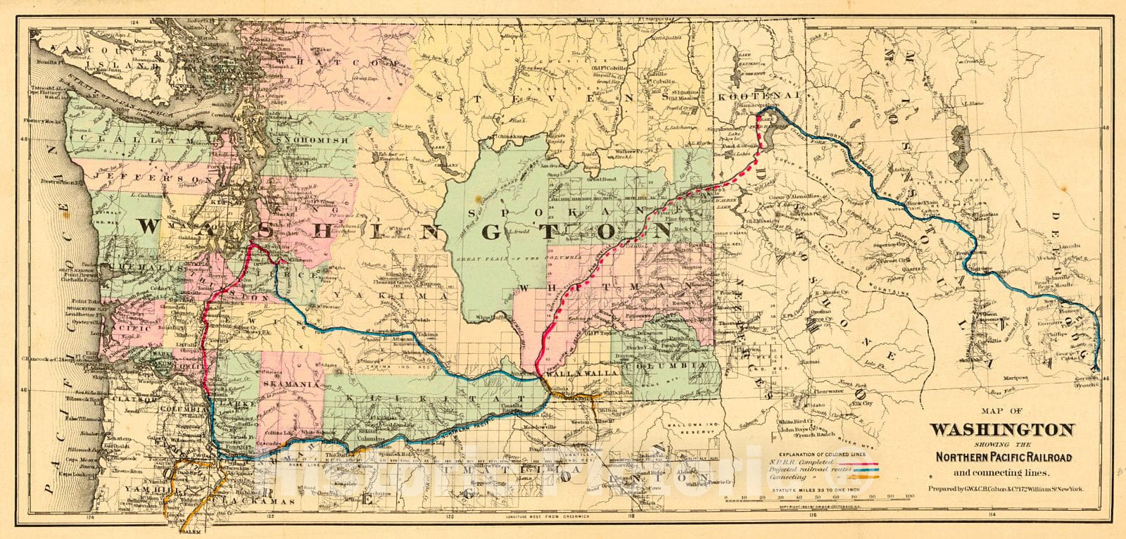 Historic Map : 1880 Map of Washington Showing the Northern Pacific Railroad and Connecting Lines : Vintage Wall Art