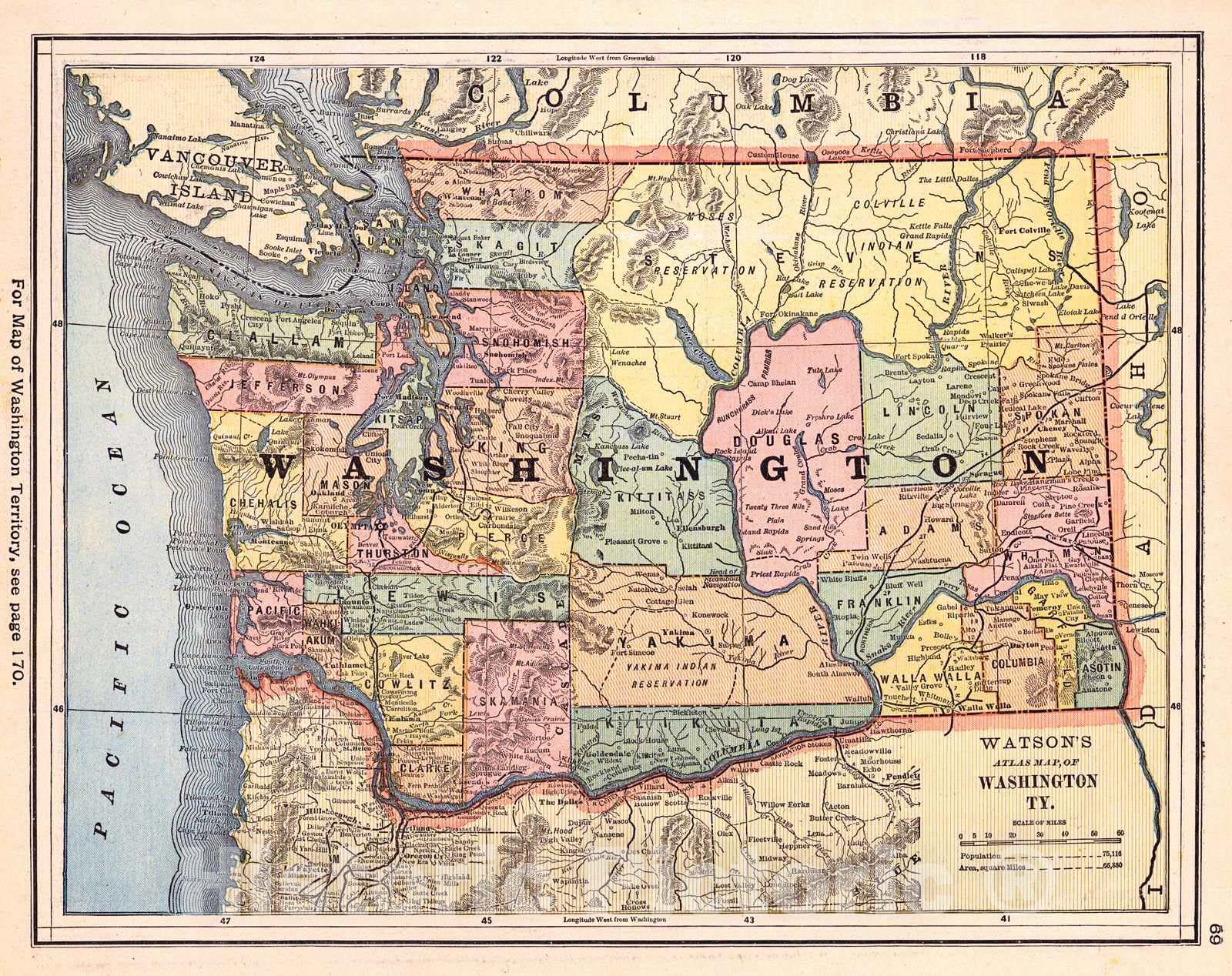 Historic Map : 1886 Watson's Atlas Map of Washington : Vintage Wall Art