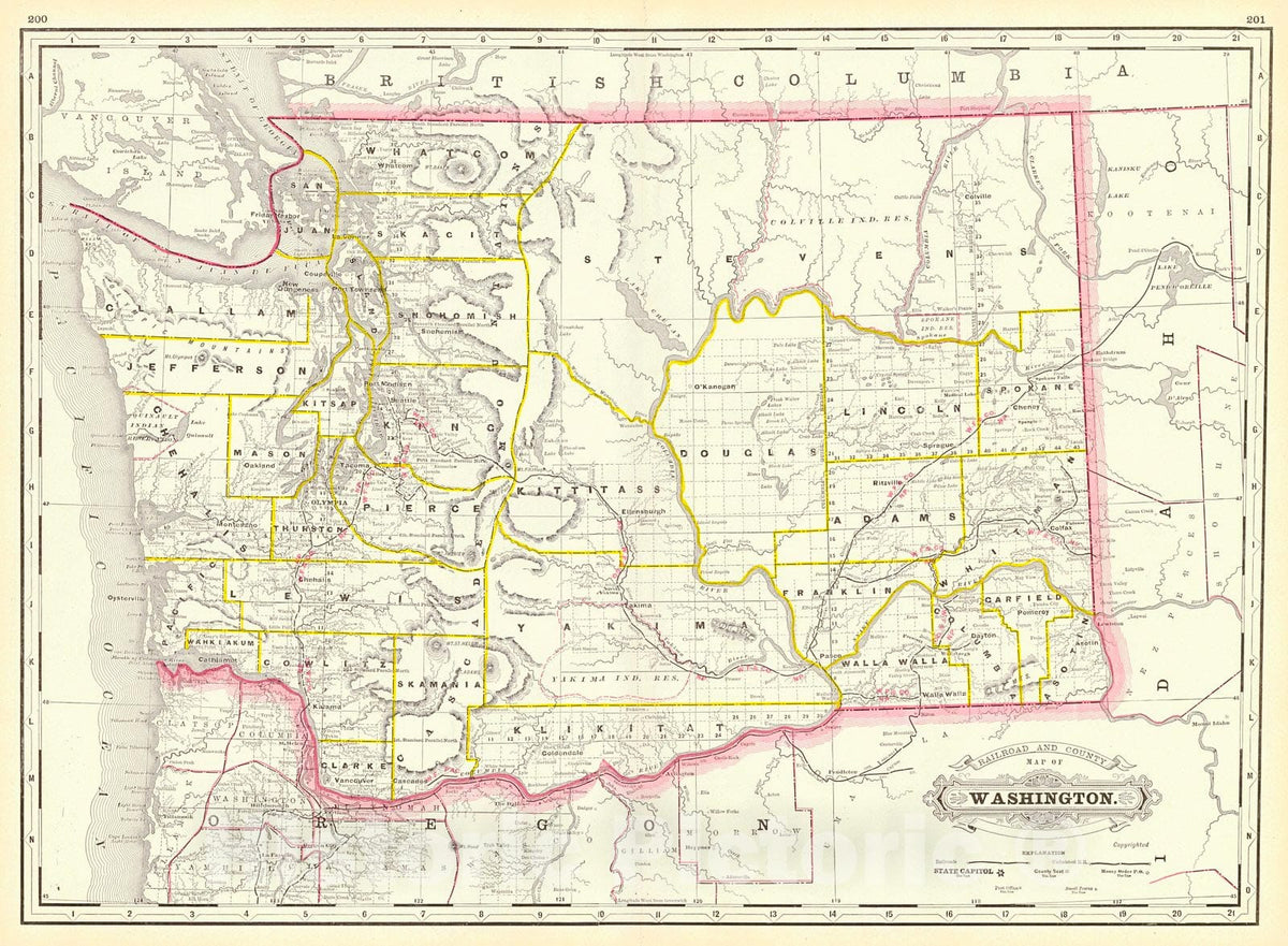 Historic Map : 1887 Railroad and County Map of Washington : Vintage Wall Art