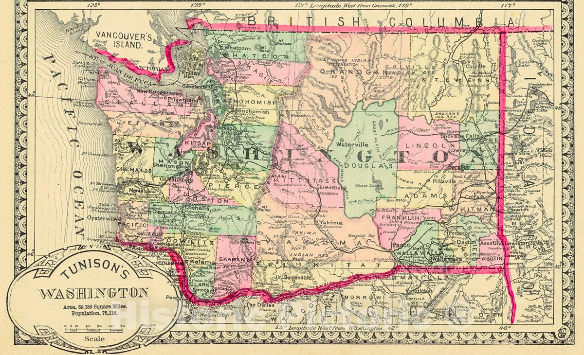Historic Map : 1891 Tunison's Washington : Vintage Wall Art