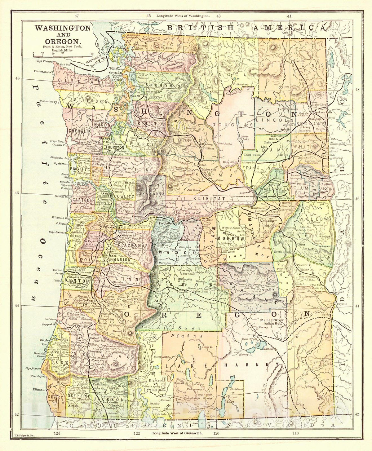Historic Map : 1892 Washington and Oregon : Vintage Wall Art