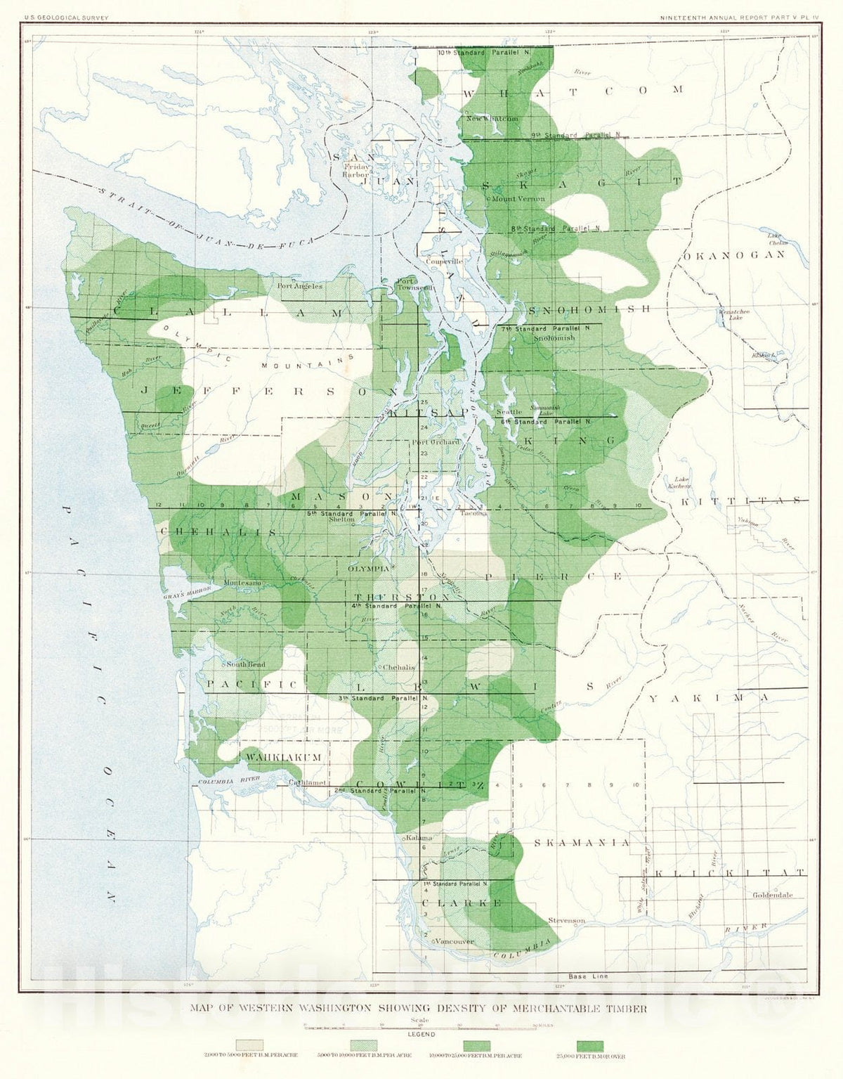 Historic Map : 1898 Map of Western Washington Showing Density of Merchantable Timber : Vintage Wall Art