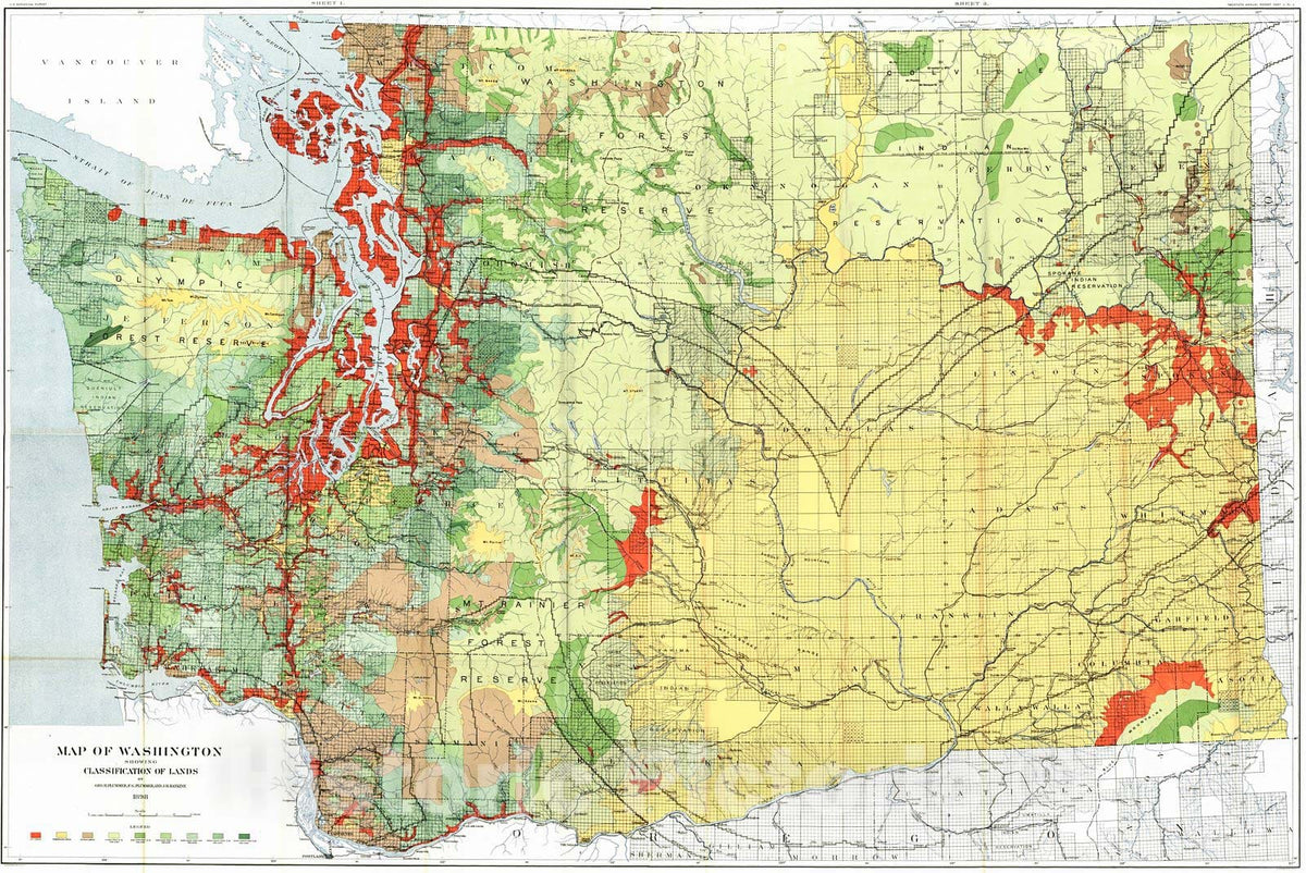 Historic Map : 1898 Map of Washington Showing Classification of Lands : Vintage Wall Art