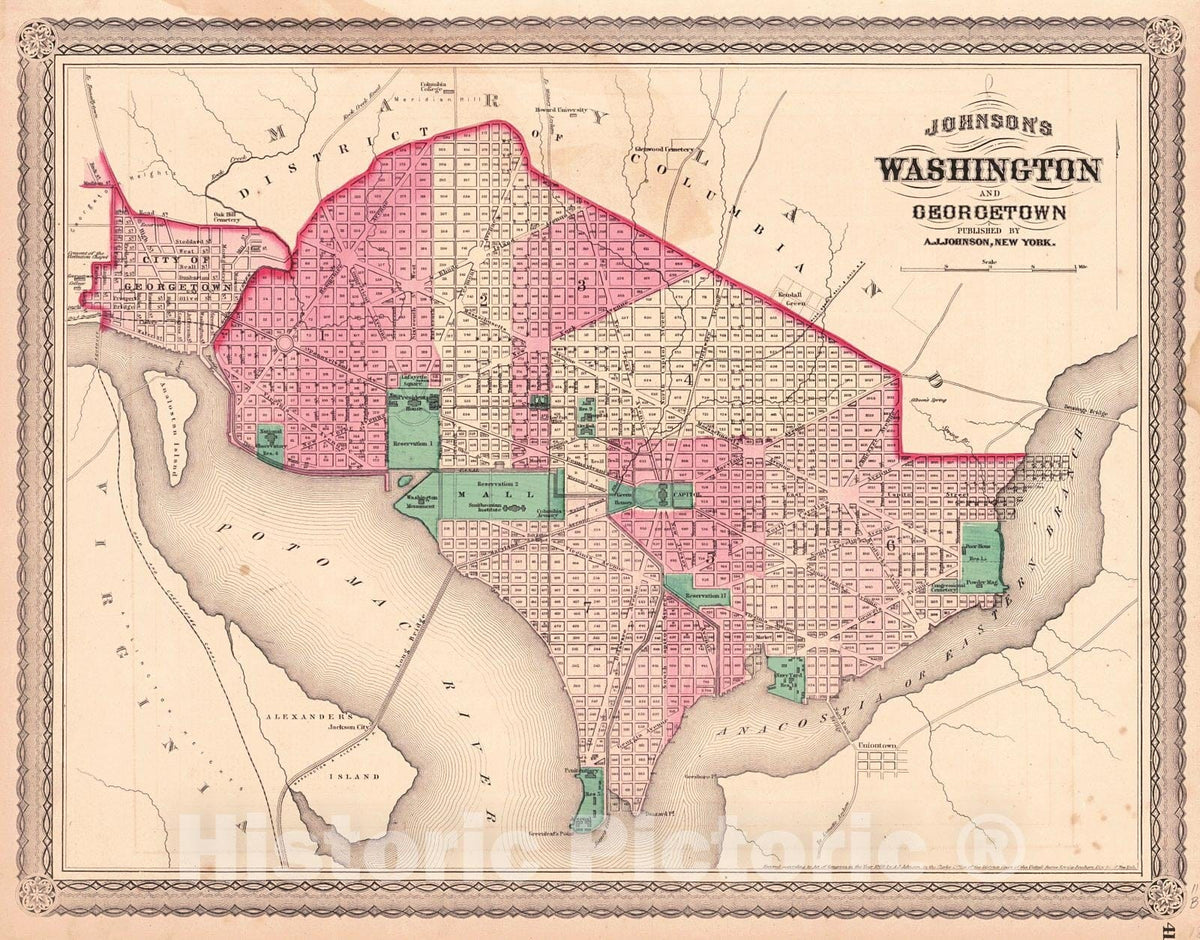Historic Map : 1870 Johnson's Washington and Georgetown : Vintage Wall Art