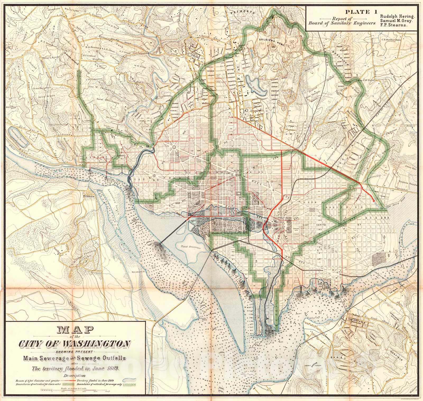 Historic Map : 1890 Map of the City of Washington Showing Present Main Sewerage and Sewage Outfalls Also The Territory Flooded in June 1889 : Vintage Wall Art