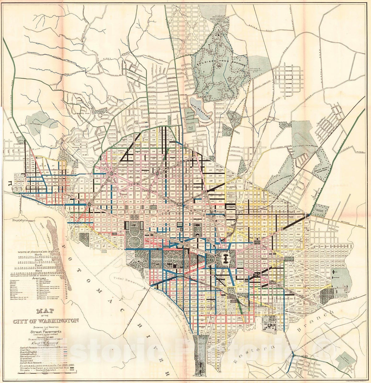 Historic Map : 1890 Map of the City of Washington Showing the Varities of Street Pavements Laid and Under Contract on January 1st, 1889 : Vintage Wall Art