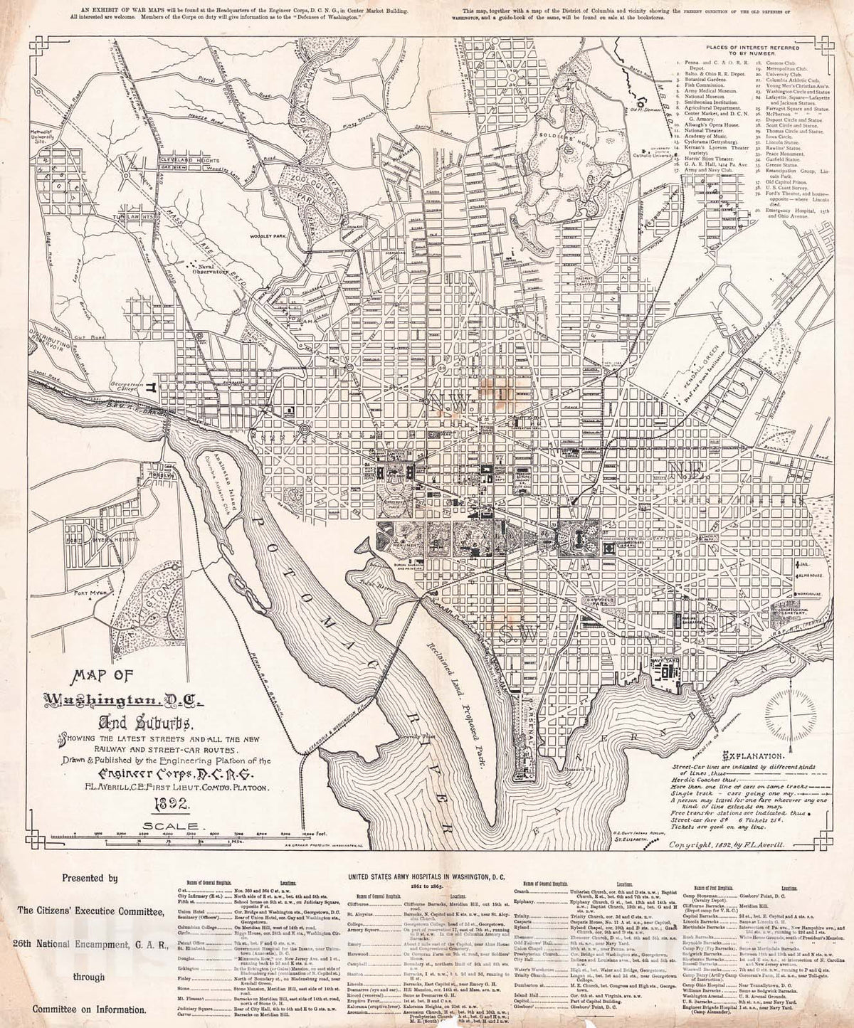 Historic Map : 1892 Map of Washington, D.C. and Suburbs, Showing the Latest Streets and all the New Street-Car Routes : Vintage Wall Art